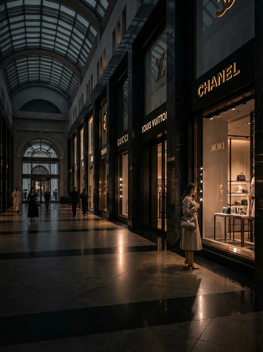 Stylish woman added looking through boutique window