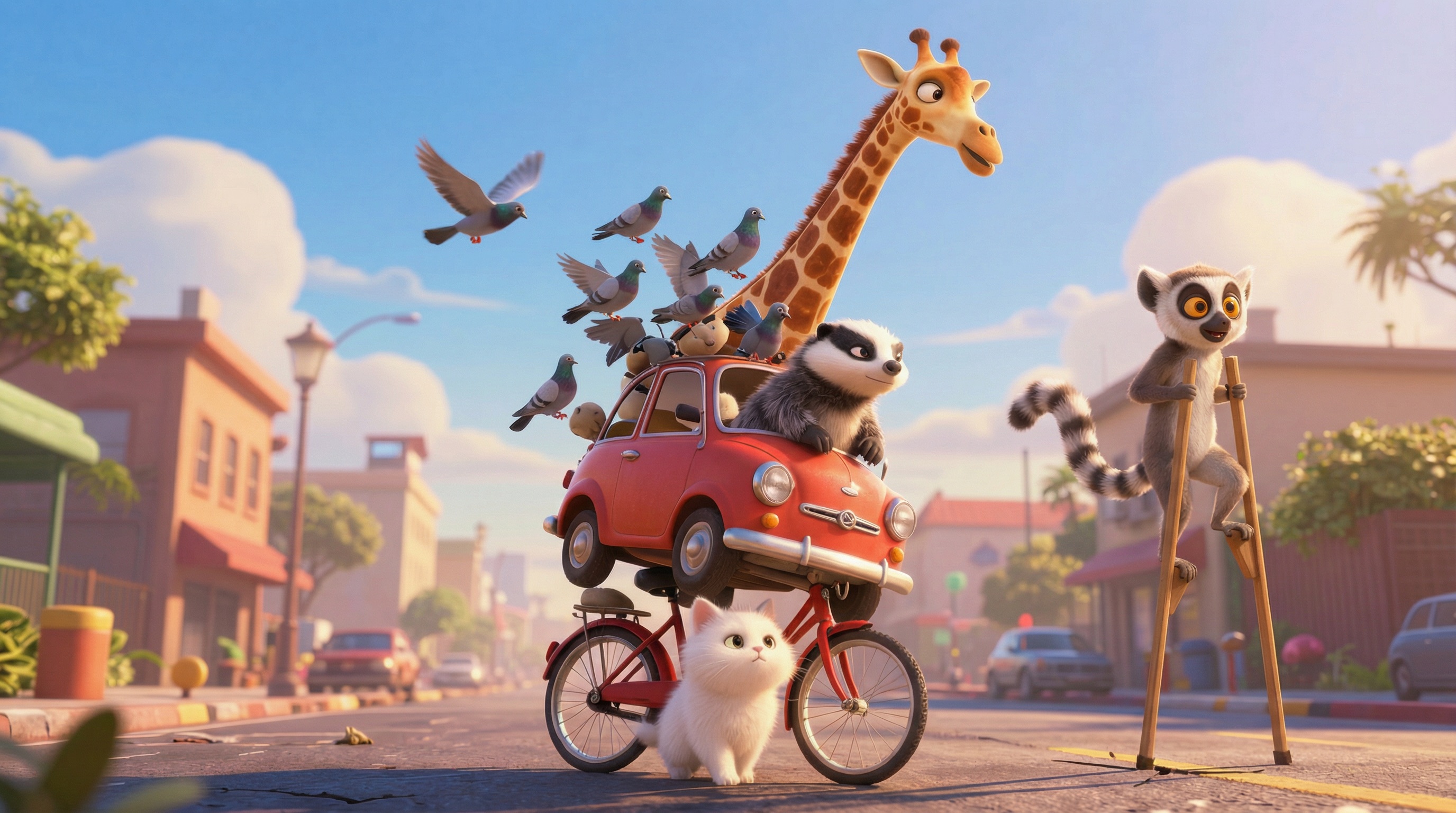 Pixar-style lemur on stilts added via AI inpainting