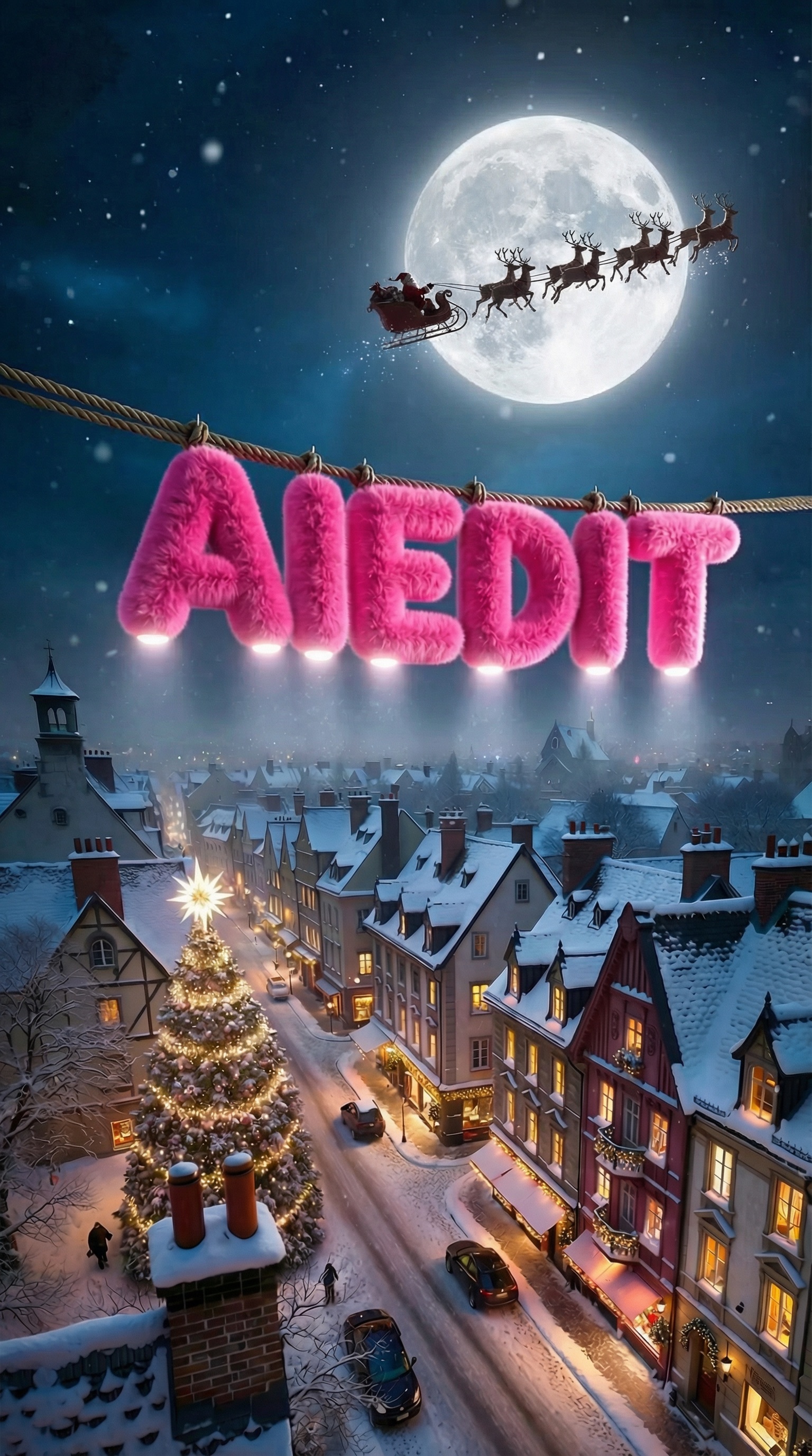 Santa Claus sleigh flying past the moon added via AI inpainting